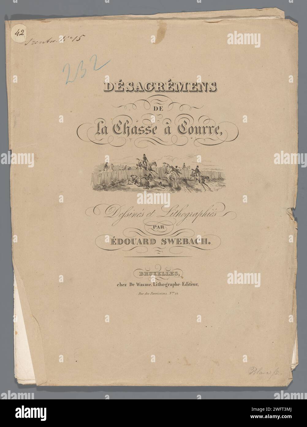 Copertina per dodici stampe sulla caccia al volante con i cavalli, Bernard Édouard Swebach, c. 1825 - 1827 stampa di carta di Bruxelles stampa tipografica caccia, inseguimento Foto Stock
