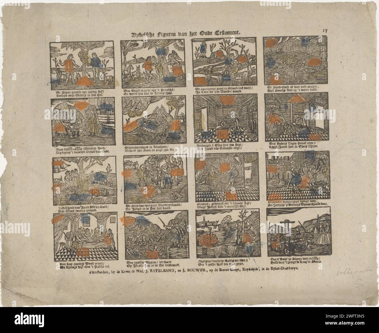 Bybelsche figure dell'Antico Testamento, c. 1782 - c. 1793 stampa Leaf con 16 rappresentazioni di storie dell'Antico Testamento. Sotto ogni immagine un verso bidirezionale. Numerato in alto a destra: 17. Editore: Amsterdamprint Maker: Stampa tipografica su carta olandese Old Testament Foto Stock