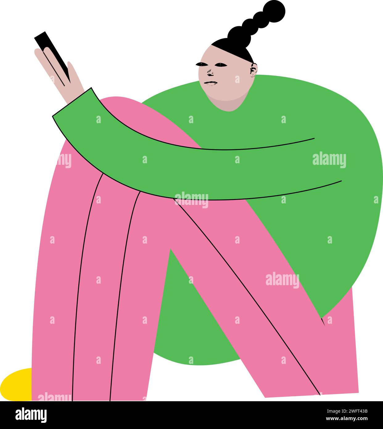 Opere d'arte moderne. Donna seduta nello smartphone. Personaggio carino su sfondo bianco. Stile cartoni animati. Illustrazione vettoriale disegnata a mano. Illustrazione Vettoriale