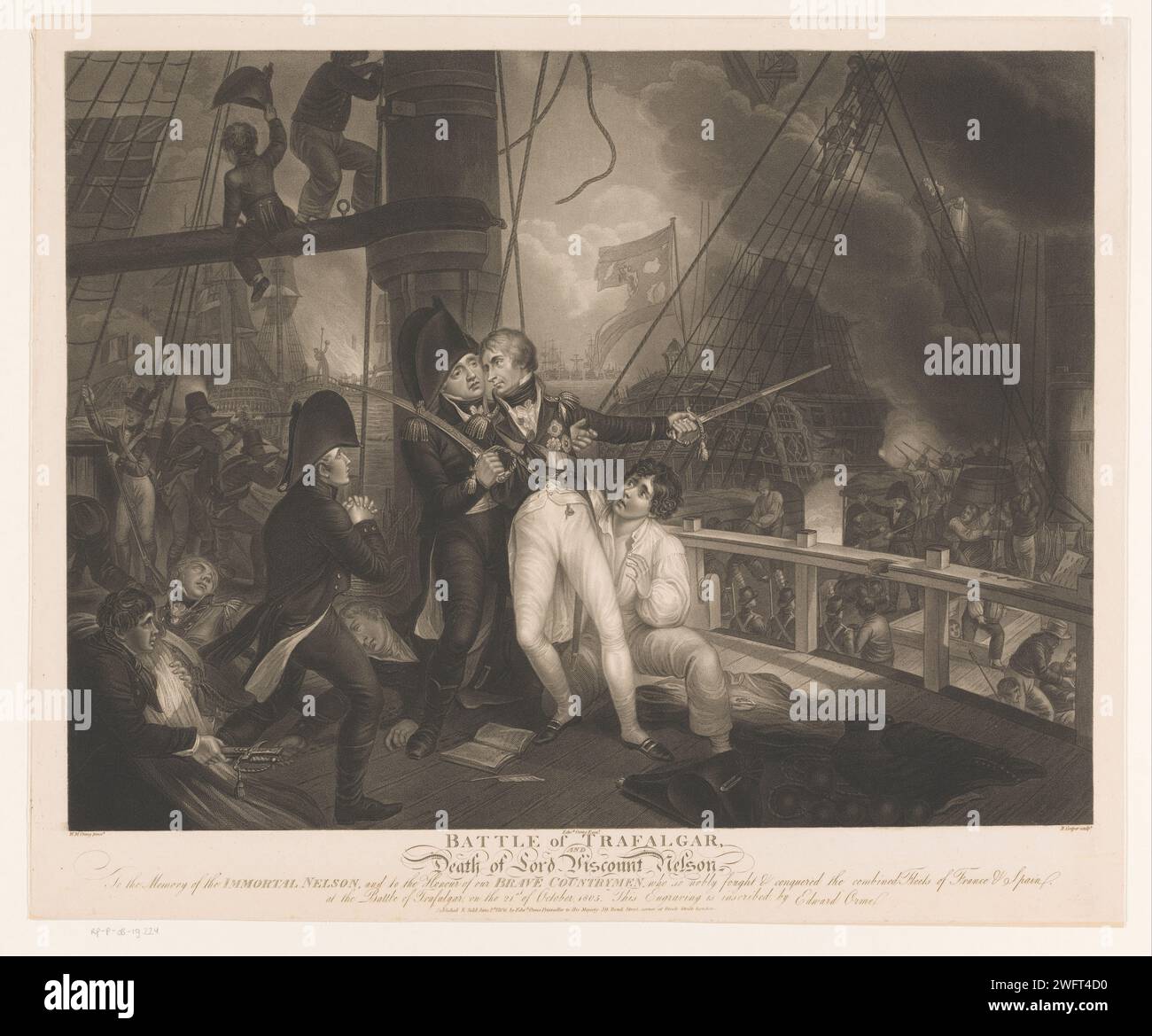 Battaglia di Trafalgar con la morte di Horatio Nelson, Robert Cooper, dopo William Marshall Craig, 1806 stampa London paper etching Battle (+ forza navale). Morte violenta, essere ucciso; essere maltrattato e maltrattato; cercare la morte Trafalgar Foto Stock