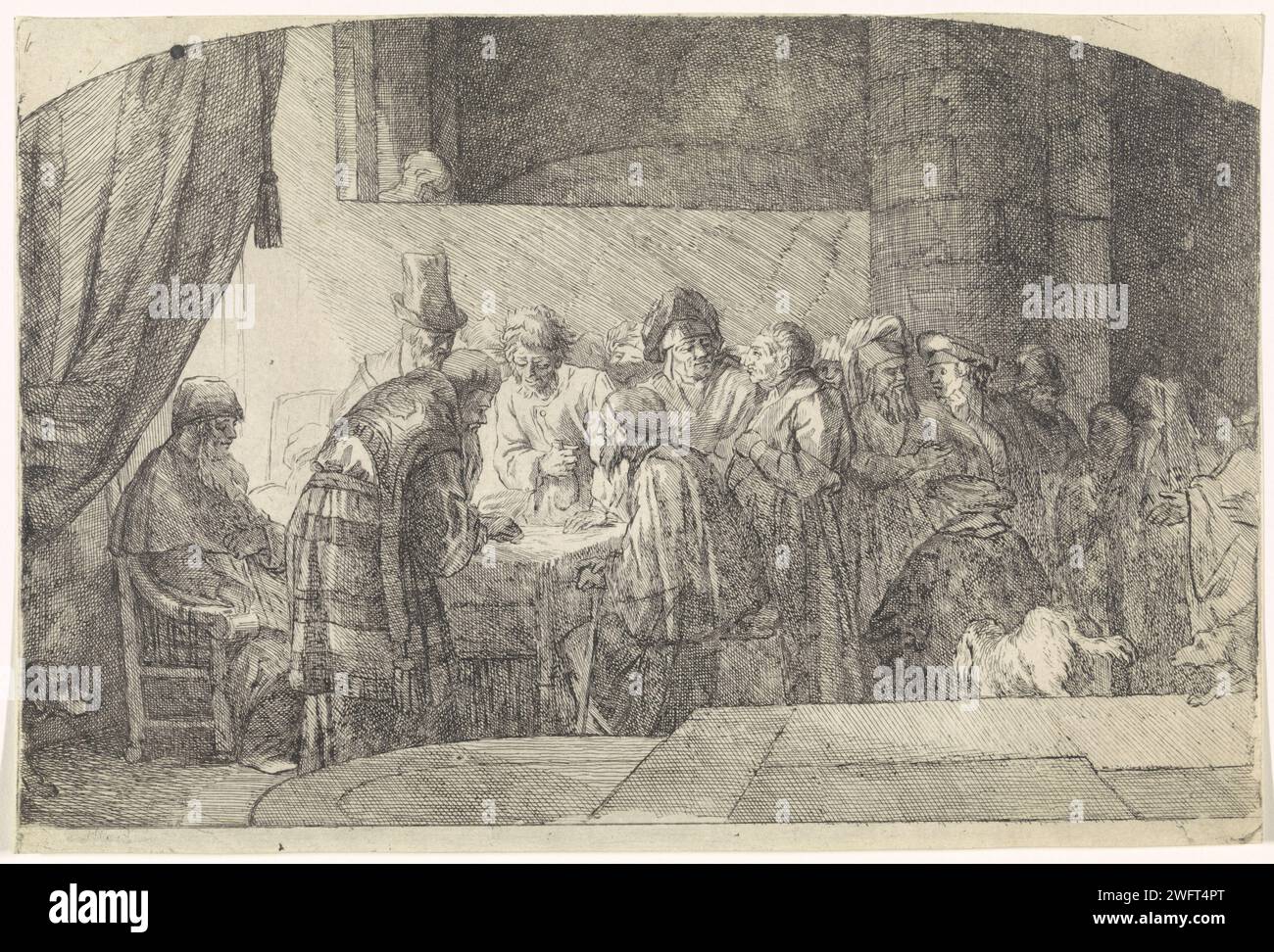 Giuda riceve pezzi d'argento per il suo tradimento, Bernard Picart, dopo Rembrandt van Rijn, 1683 - 1733 stampa Giuda Iskariota visita i sommi sacerdoti che vogliono imprigionare Cristo. Gli pagano trenta pezzi d'argento per il suo tradimento. La carta che incide Giuda esce ai sommi sacerdoti, tradisce Cristo e riceve la ricompensa (Matteo 26:14-16; Marco 14:10-11; Luca 22:4-6) Foto Stock