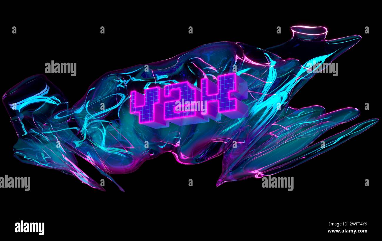 Arte digitale astratta al neon, lettere giganti che formano il testo pixellato Y2K su sfondo nero. Sito Web di prodotti high-tech. Foto Stock