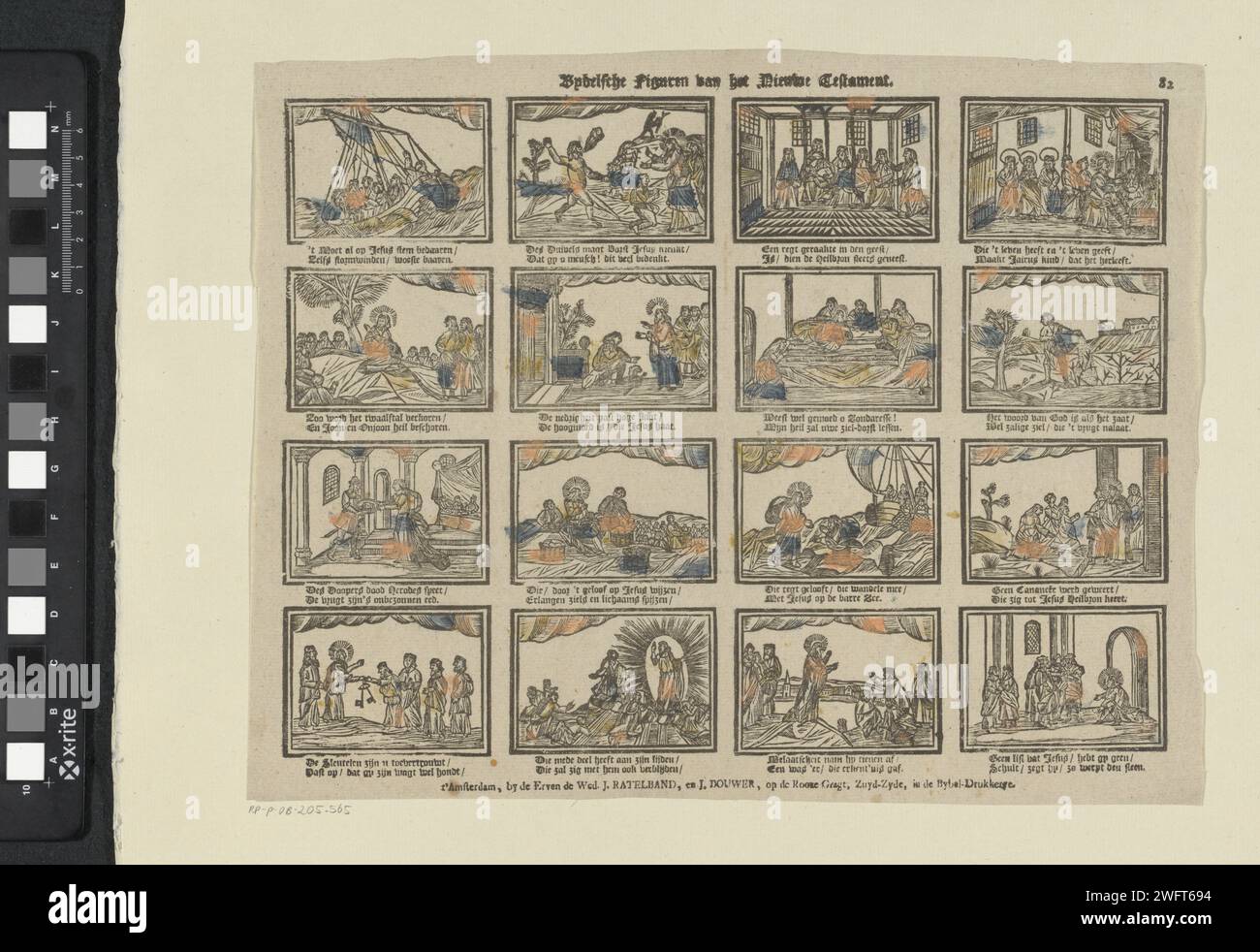 Bybelsche figure del nuovo Testamento, c. 1782 - c. 1893 stampa Leaf con 16 esecuzioni di storie del nuovo Testamento. Sotto ogni immagine un verso bidirezionale. Numerato in alto a destra: 82. Editore: Amsterdamprint Maker: Stampa tipografica su carta olandese New Testament Foto Stock