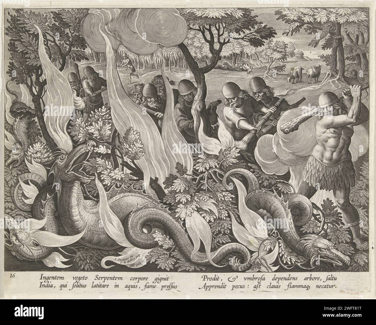 Caccia ai serpenti d'acqua in India, Karel van Mallery, dopo Jan van der Straet, stampa 1594 - 1598 diverse manichette d'acqua indiane vengono allontanate dai cespugli dal fuoco. Vengono poi picchiati a morte con una mazza. La stampa ha una didascalia latina e fa parte di una serie di scene di caccia. Tipografia: Antwerpafter design by: Florencepublisher: AntwerpAnversa incisione di carta caccia, inseguimento. drago Foto Stock
