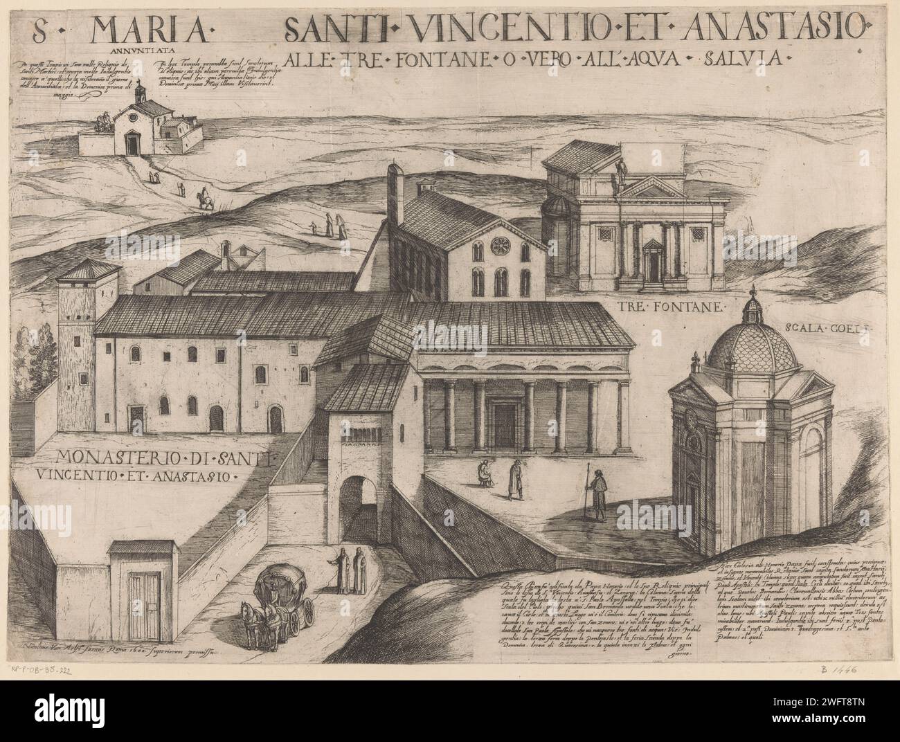 Santa Maria presso le tre fontane te Rome, Antonio tempesta, stampa del 1600 Vista dell'Abbazia delle tre Fontane a Roma. All'interno dell'abbazia si trovano tre chiese: La Chiesa di San Paolo all tre Fontane, la Chiesa di Santa Maria Scala Coeli e la Chiesa Abbaziale dei Santi Anastasio e Vincenzo. Tipografia: Italypublisher: RomeVaticaanstad chiesa di incisione della carta (esterno). Chiesa Cattolica Romana Abdij tre fontane Foto Stock