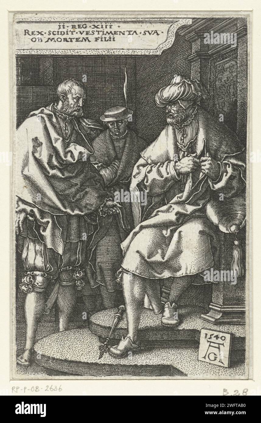 David strappa il mantello, Heinrich Aldegrever, 1540 stampa Re Davide seduto sul suo trono, strappa il mantello con entrambe le mani. Pensa che tutti i suoi figli siano stati uccisi. Suo fratello Sima si trova accanto a lui e spiega che solo Amnon è stato ucciso. In alto a sinistra un cartiglio con testo in latino. Settima stampa di una serie di sette con la storia di Amnon e Tamar. L'incisione di carta della Germania David viene raccontata della morte di Amnon; lui rassegna i suoi vestiti Foto Stock