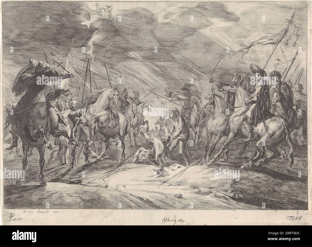Scena del campo di battaglia, Theodorus van Kessel, dopo Peeter Snayers, 1656 stampa Un comandante del suo cavallo cadde sotto un cielo nuvoloso e finì nel mezzo di un gruppo di Ruiten armati. A sinistra i Romani, con una bandiera con 'SPQR' su di esso, e Oosterlingen sulla destra. L'elmetto e le braccia del comandante sono giacenti accanto a lui a terra e dal cielo, Dio lo illumina in modo che la cavalleria di entrambi i campi si deteriori. Questa stampa fa parte di una serie in sei parti sulle battaglie di cavalleria. battaglia con incisioni di carta (+ cavalleria, cavalieri). Dio padre Foto Stock