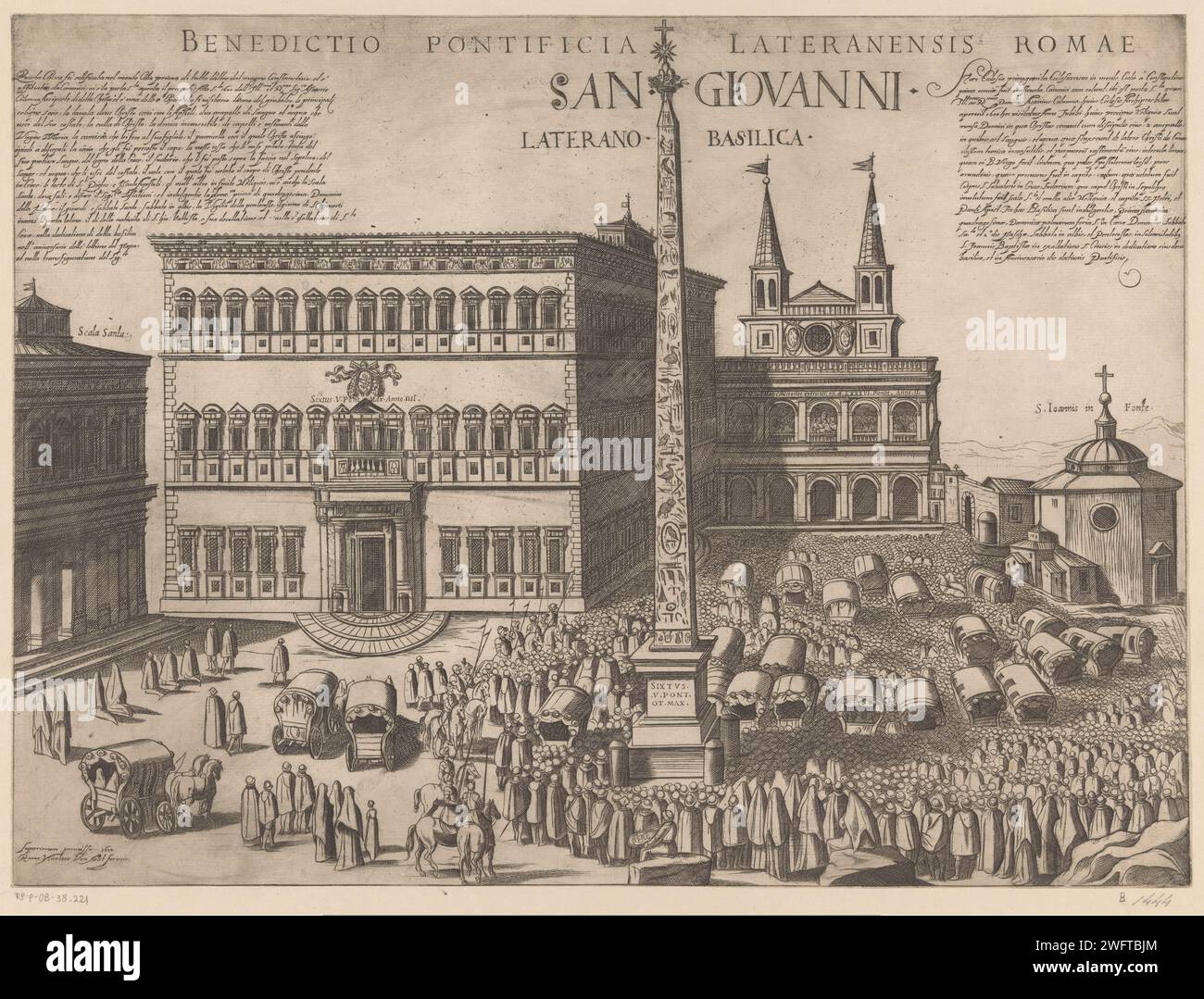 Veduta del tardo a Roma con il San Giovanni di Laterano, Antonio tempesta, stampa del 1600 veduta sul tardo a Roma con la Scala Sancta, la parte posteriore della Basilica di San Giovanni di Laterano, il Palazzo Lateranense, il Battisterium di Lateranen e l'Obelisco Lateranense. Tipografia: Italypublisher: RomeVaticaanstad chiesa di incisione della carta (esterno). Chiesa cattolica Sint-Jan van Lateranen. Holy Stairs. Baptisterium dai laterani. Lateran Palace Foto Stock