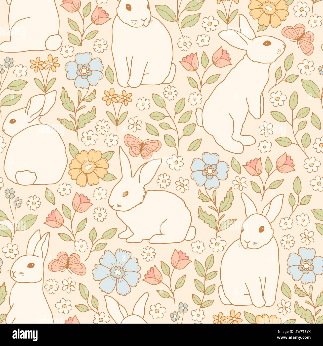 Fantasia infinita in colori pastello con coniglietti e fiori Illustrazione Vettoriale