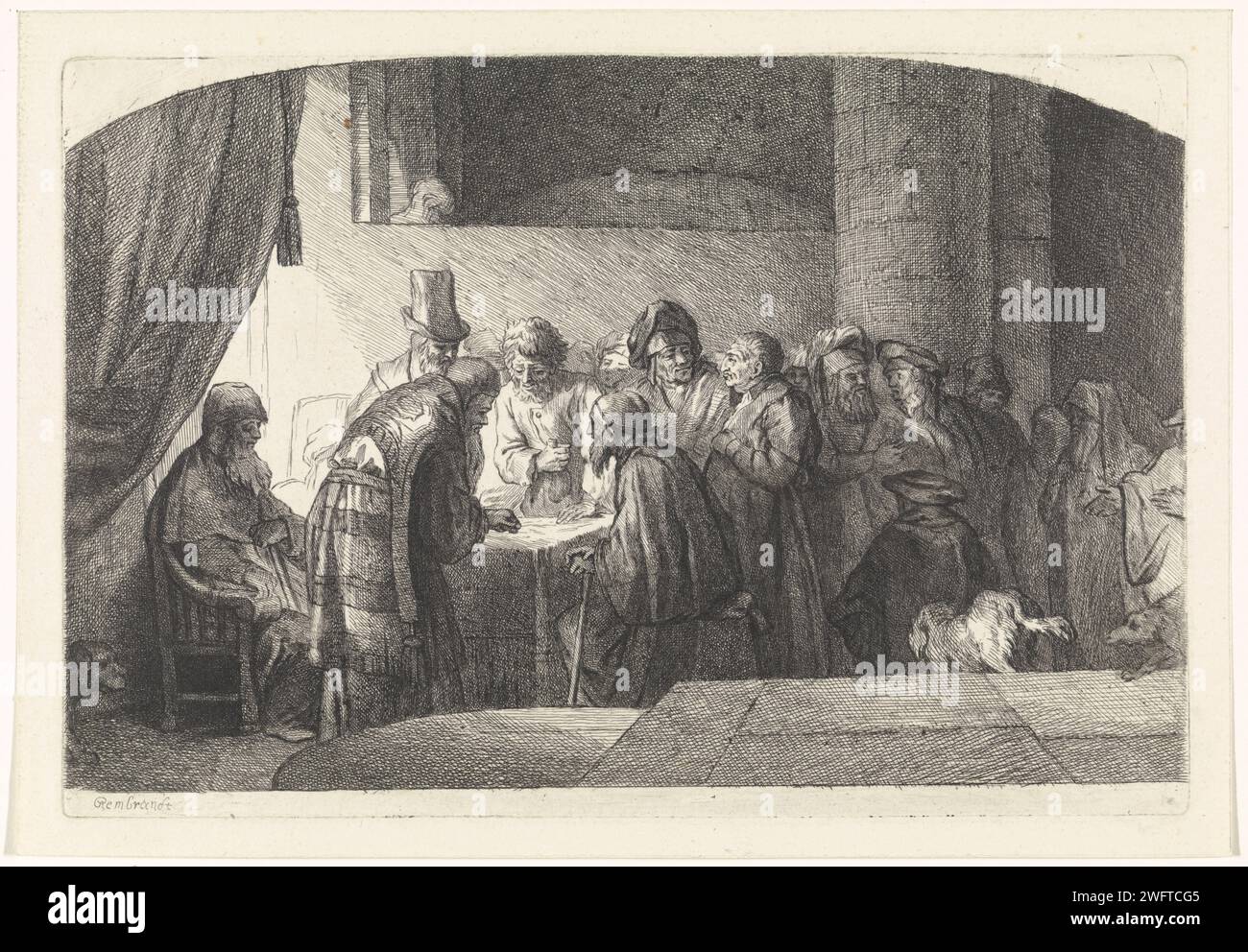 Giuda riceve pezzi d'argento per il suo tradimento, Bernard Picart, dopo Rembrandt van Rijn, 1683 - 1733 stampa Giuda Iskariota visita i sommi sacerdoti che vogliono imprigionare Cristo. Gli pagano trenta pezzi d'argento per il suo tradimento. La carta che incide Giuda esce ai sommi sacerdoti, tradisce Cristo e riceve la ricompensa (Matteo 26:14-16; Marco 14:10-11; Luca 22:4-6) Foto Stock