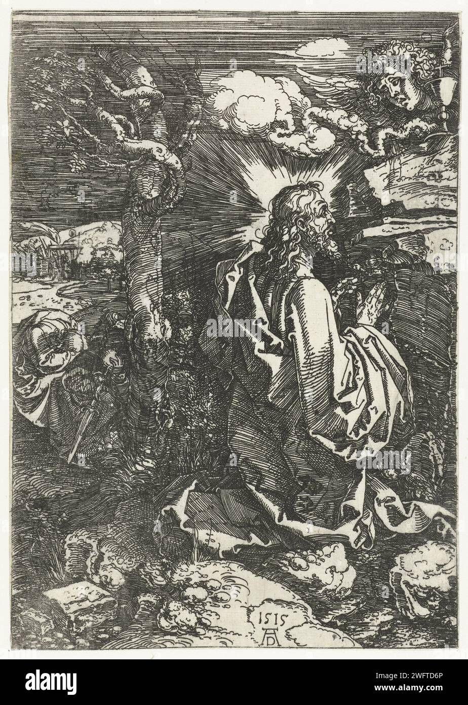 Cristo sul Monte degli Ulivi, Albrecht Dürer, 1515 stampa Cristo prega in una roccia nella corte di Getsemane, mentre i discepoli dormono dietro di lui. Carta di Norimberga che incide la preghiera di Cristo nel Giardino del Getsemani durante la notte Foto Stock
