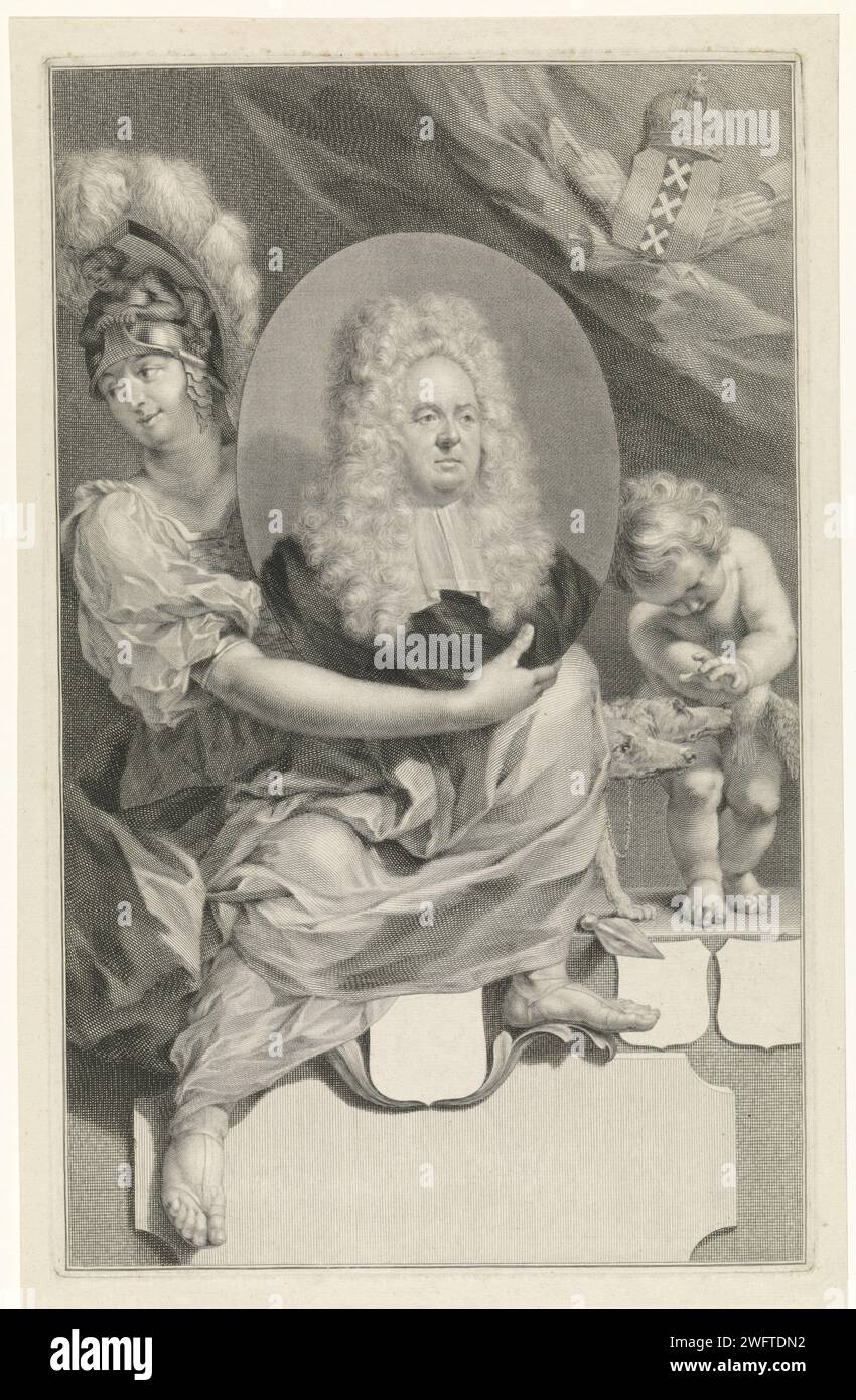 Ritratto del sei gennaio, Jacob Houbraken, dopo Jan Wandelaar, 1708 - 1780 stampa Jan Six busto in un ovale, che è tenuto da Minerva. Sulla destra un putto, a testa dei due cani. Sullo sfondo un sipario e lo stemma della città coronato di Amsterdam con i faci. Sul piedistallo su cui è stata seduta Minerva, tre armi non invitate e un cartiglio vuoto. Carta di Amsterdam incidere aspetti specifici, aspetti allegorici di Minerva; Minerva come patrona Foto Stock