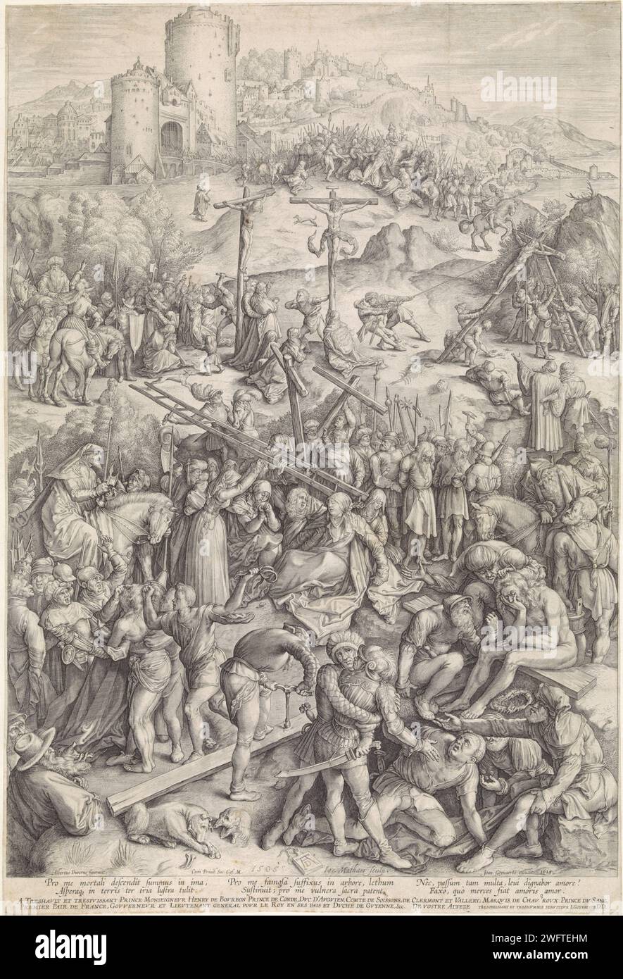 Calvarie, Jacob Matham, dopo Albrecht Dürer, 1615 stampa i vari episodi dell'agonia con il sostegno della croce e la crocifissione di Cristo sul Monte Golgotha. Carta incisione della crocifissione di Cristo: Morte di Cristo sulla croce; Golgota (Matteo 27:45-58; Marco 15:33-45; Luca 23:44-52; Giovanni 19:25-38) Foto Stock