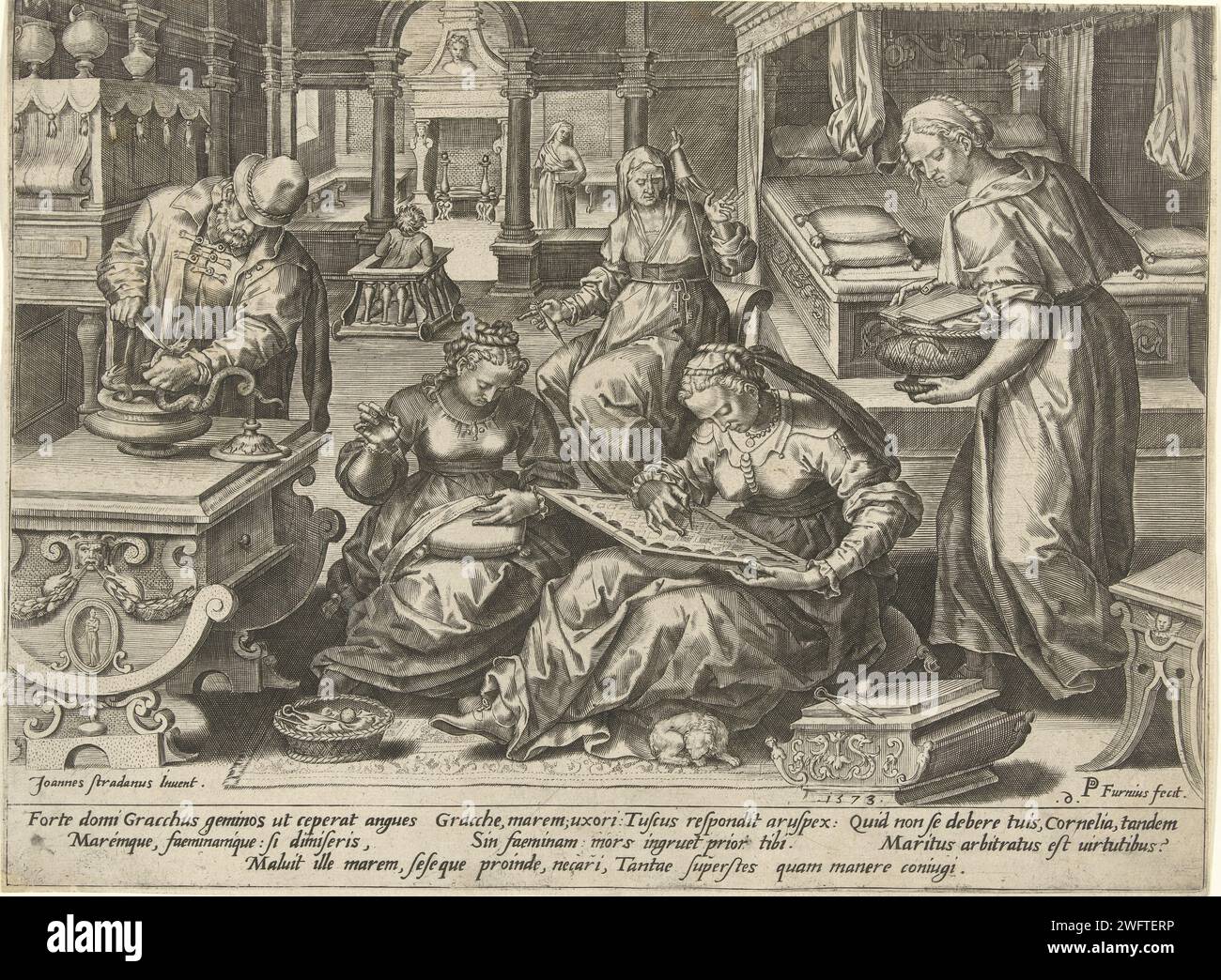 Cornelia en Gracchus, stampa del 1573 Cornelia e suo marito Tiberio Sempronio Gracco sono esposti al chiuso. Gracchus uccide due serpenti a sinistra, a destra Cornelia è realizzata in mezzo a tre donne. Nel margine sotto lo spettacolo c'è un testo in latino, speculare in basso a destra: 6. La stampa fa parte di una serie di stampe che raffigurano eventi della storia romana. Incisione su carta (storia di) Cornelia, madre dei Gracchi. (Storia di) Gracchus Tiberius Foto Stock