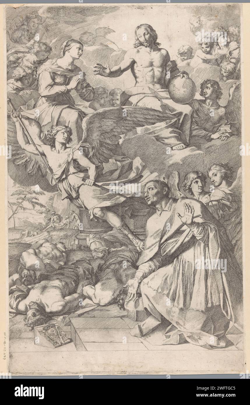Il Santo Carlo Borromeo per Cristo, Maria ed Engelen, Giovanni Cesare testa (attribuito a), dopo Carlo Maratta, 1635 - 1660 stampa il Santo Carlo Borromeo in ginocchio. Per lui, un angelo galleggia con una spada. Per Borromeo ci sono corpi di uomini morti. Maria e Cristo fluttuano sulle nuvole, circondati da angeli. Carta italiana incisione Carlo Borromeo, cardinale di Milano; possibili attributi: Cappello cardinale, crocifisso, corda intorno al collo, cranio. angeli. Cristo adulto con Mary Foto Stock