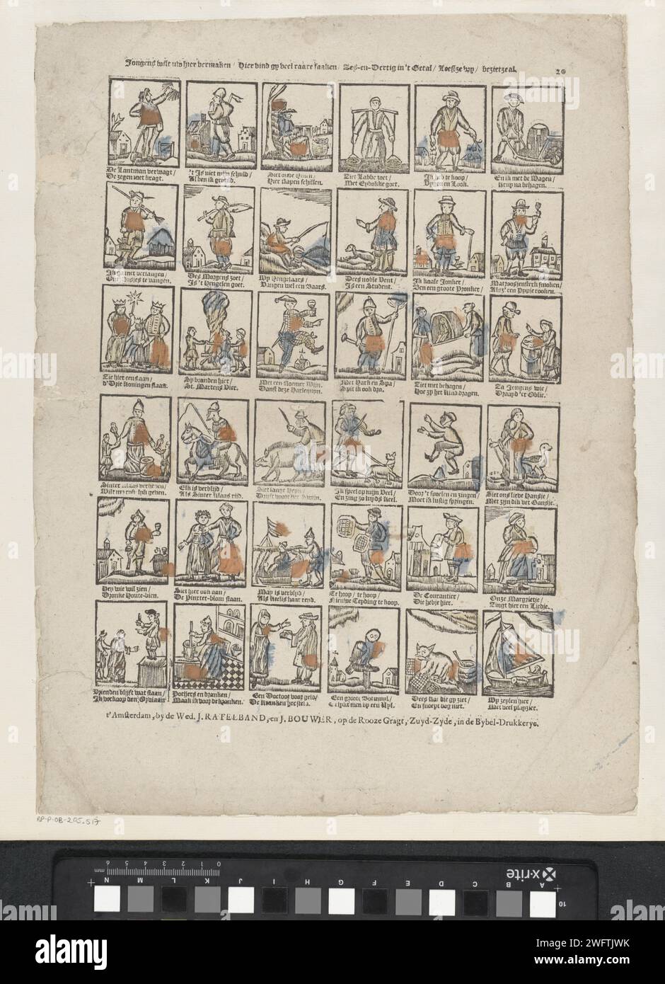 I ragazzi vi vogliono intrattenere qui / qui troverete molto strano saaken / sei e trenta nel numero / lei legge vy / li guarda, c. 1767 - c. 1778 stampa Foglia con 36 spettacoli di diverse figure e attività. Sotto ogni immagine un verso bidirezionale. Numerato in alto a destra: 20. Editore: Amsterdamprint Maker: Olanda carta tipografica stampa tipi umani. hunchback. stupido, simpleton, numteschio. commerciante di strada Foto Stock