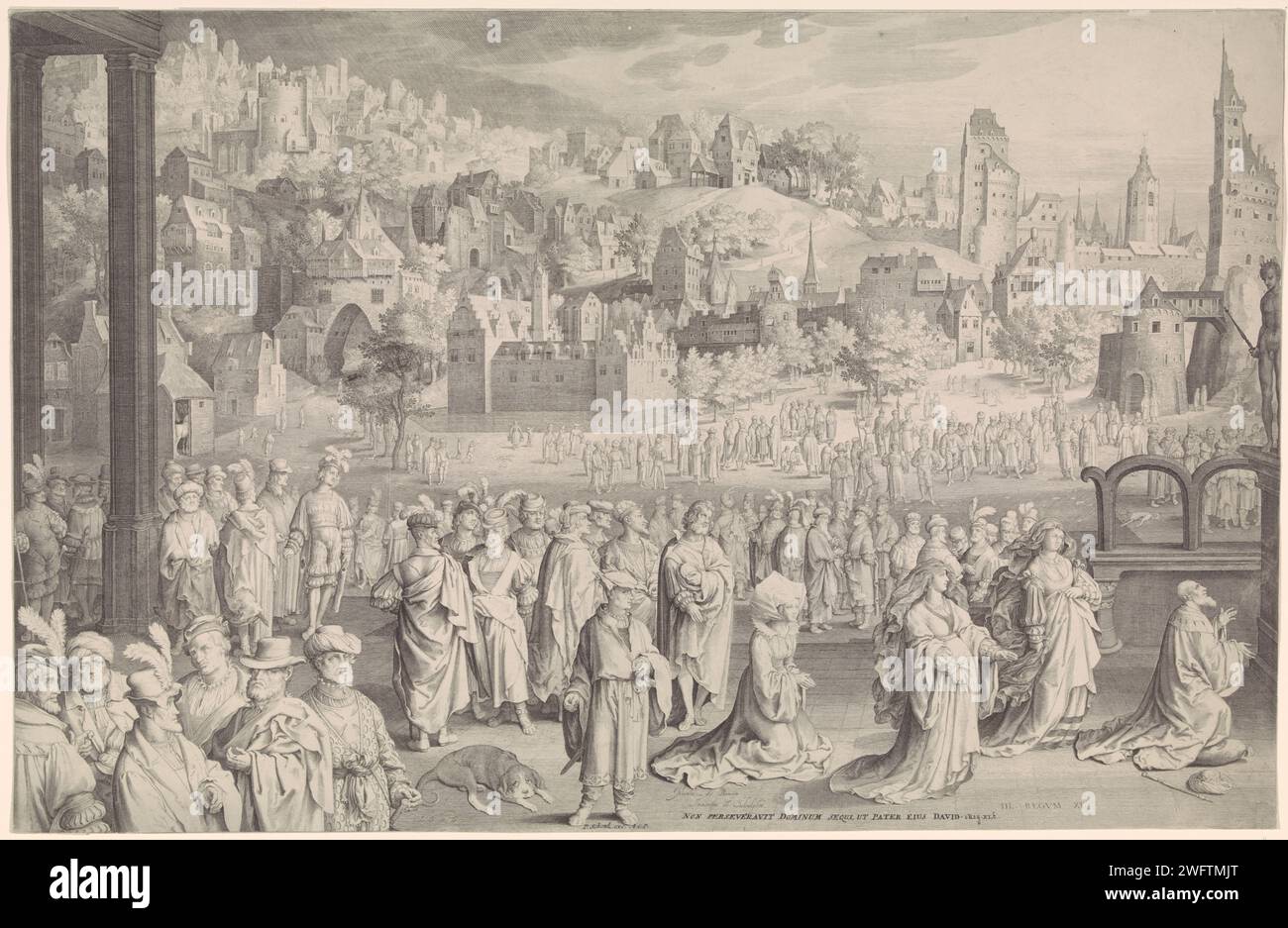 Idolatria di Solomo, Nicolaes de Bruyn, 1670 - 1711 stampa Solomon è inginocchiato per un idolo che si trova su un piedistallo. Dietro di lui ci sono donne che lo hanno sedotto all'idolatria e al resto della sua corte. Un paesaggio urbano sullo sfondo. La stampa ha una didascalia latina dalla Bibbia (1. Kon. 11: 6). Carta di Amsterdam che incide l'idolatria di Salomone. porta della città (+ city(-scape) con figure, personale) Foto Stock