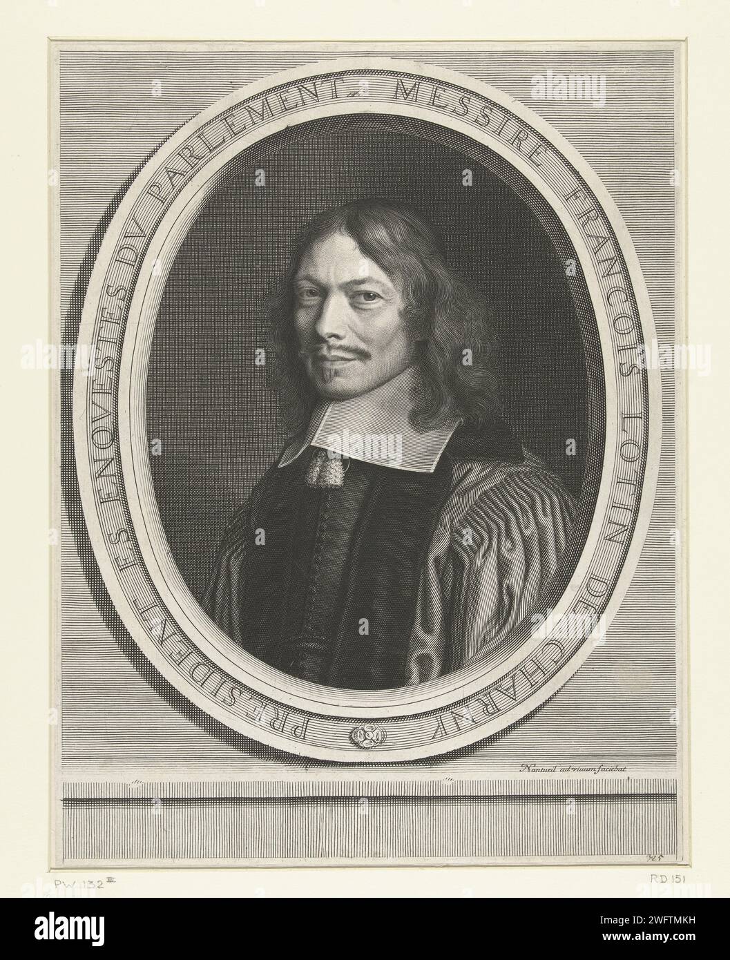 Portret van Francois Lotin, Robert Nanteuil, 1657 stampa Ritratto di Francesco Lotin, signore di Charny, in una cornice ovale con testo. Incisione su carta francese Foto Stock