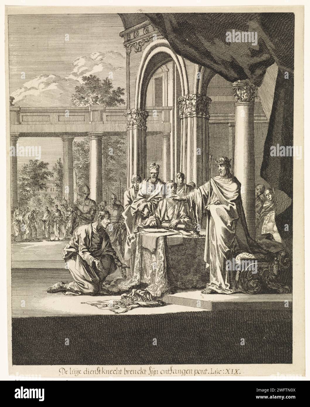 Similarità dei talenti, Jan Luyken, 1708 stampa Amsterdam paper etching the Talents or Pounds  Parable of Christ (Matteo 25:14-30; Luca 19:12-27) Foto Stock