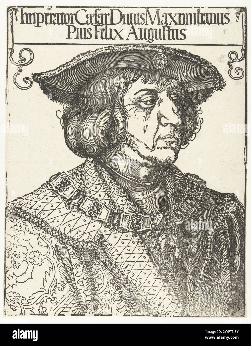 Ritratto dell'imperatore Massimiliano i (1459-1519), Alberto Dürer, 1517 - 1521 stampa Bust van Keizer Massimiliano i, a destra, in un mantello di brokaat, berretto sulla testa, catena del Toson d'oro intorno alle spalle. Sopra la testa un cartiglio con iscrizione a taglio. Persone storiche di Norimberga Foto Stock
