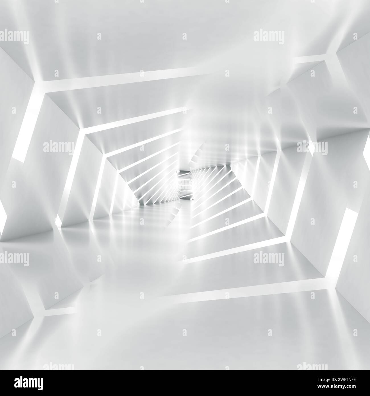 Prospettiva astratta del tunnel bianco vuoto, sfondo grafico digitale quadrato. illustrazione del rendering 3d. Foto Stock
