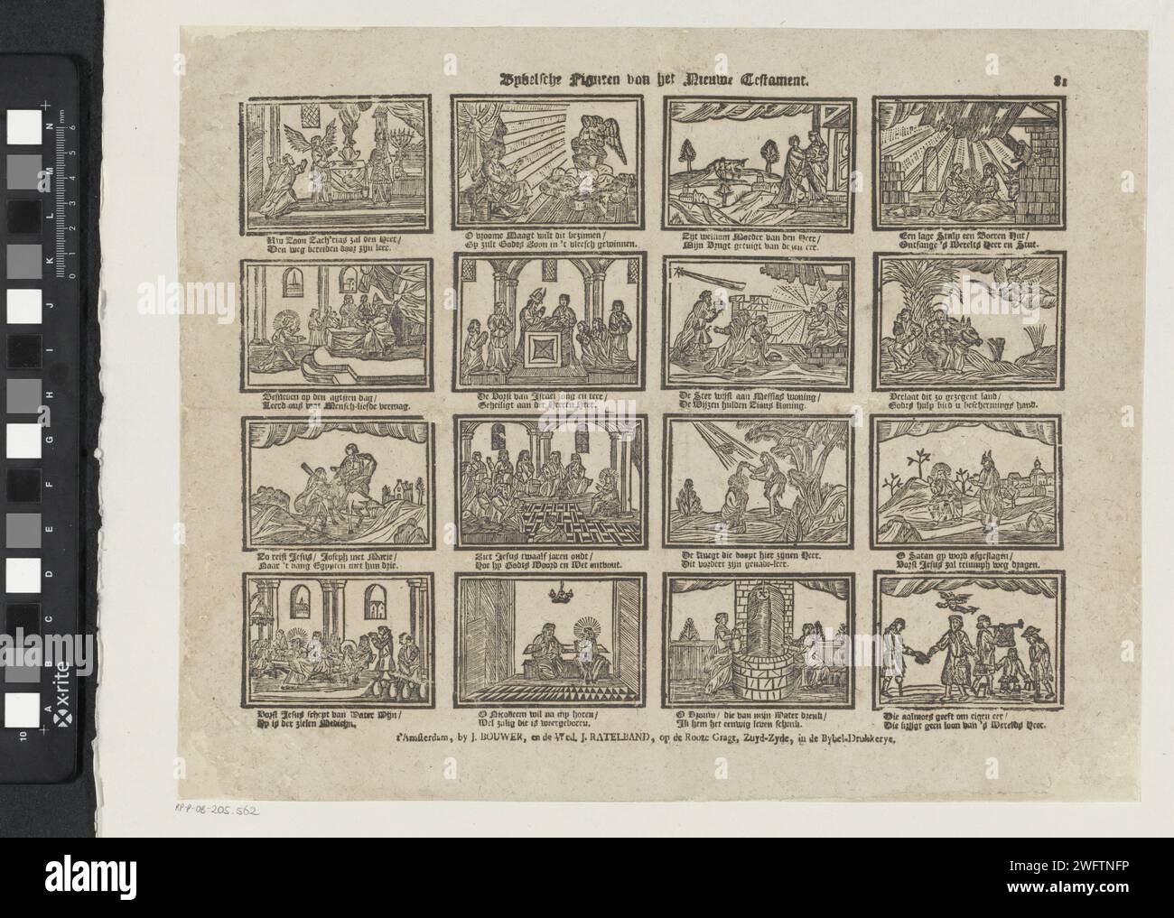 Bybelsche Figures of the New Testament, 1794 - 1804 stampa Leaf con 16 esecuzioni di storie del nuovo Testamento. Sotto ogni immagine un verso bidirezionale. Numerato in alto a destra: 81. Editore: Amsterdamprint Maker: Stampa tipografica su carta olandese New Testament Foto Stock