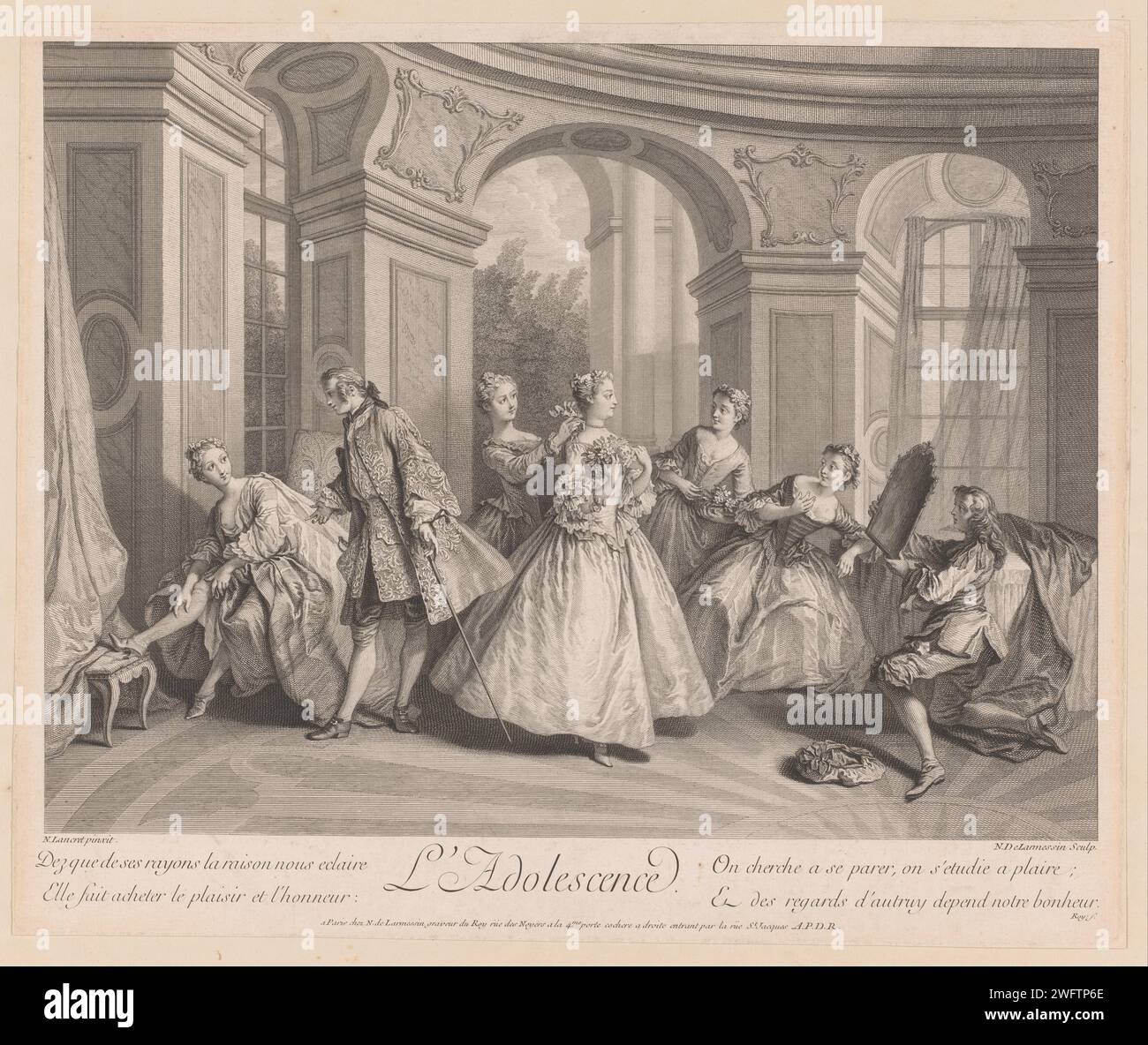 Volwassenheid, Nicolas de Larmessin (III), in onore di Nicolas Lancret, 1735 eleganti donne vestite che fanno il bagno. A sinistra, una donna attrae una calza. Editore: ParisFrance paper etching / incisione adulthood, Majority; 'Virilità' (Ripa). abito, abito: abito volante (+ abiti da donna). Cappotto (JUSTAUCORPS) (+ abiti da uomo). Abbigliamento per la parte superiore del corpo (GILET) (+ abiti da uomo). calze, calze (+ condimento, vestibilità) Foto Stock