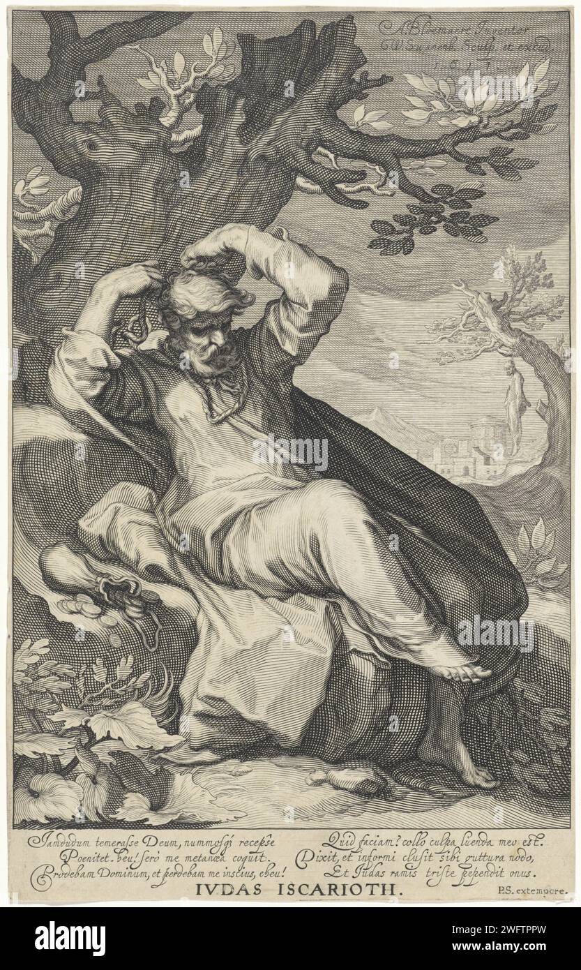 Judas Iskariot riaggancia, Willem Isaacsz. Van Swanenburg, dopo Abraham Bloemaert, stampa del 1611 Judas Iskariot è seduto sotto un albero e gli lega una corda intorno al collo. C'è un sacchetto di soldi accanto a lui. A destra in lontananza pende su un albero. Sotto la performance c'è un testo latino a sei righe con una descrizione della scena. Stampatore: Leidenafter design by: Utrecht (forse) incisione di carta Judas appeso se stesso Foto Stock