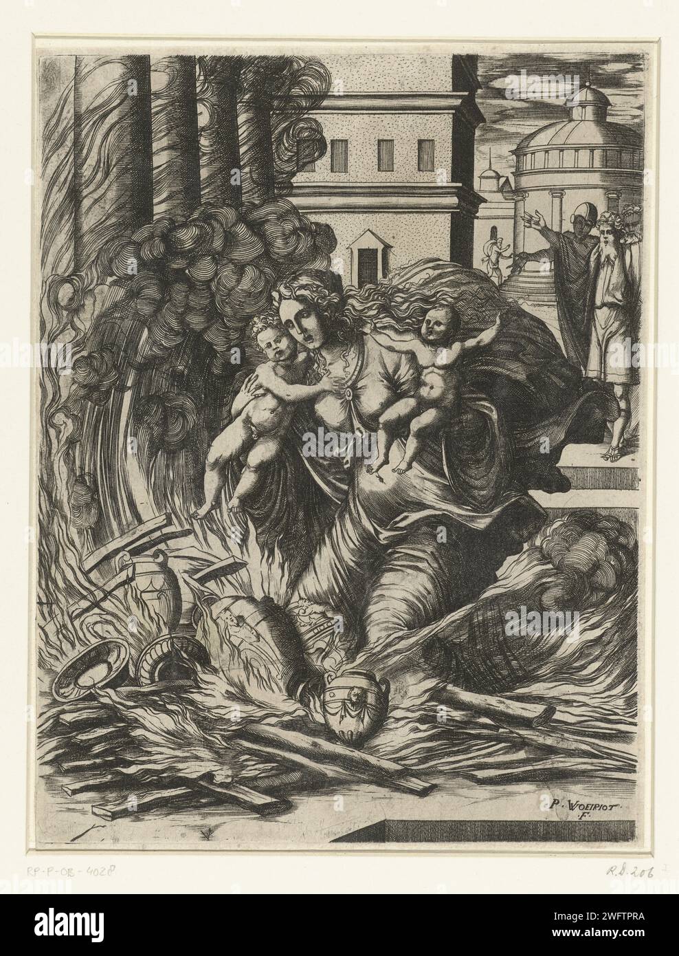 La moglie di Asdrubral si tuffa nel tempio in fiamme, Pierre Woeiriot (II), 1542 - 1596 stampa la moglie di Asdrral e i suoi due figli salta sulle fiamme del tempio in fiamme di Esculapio. Uccide i suoi figli come punizione per Asdrral, che aveva tradito la città consegnandosi segretamente ai Romani. Axdrral, accanto a Emilian, alza le braccia in aria. Francia carta incisione morte violenta  fuoco Foto Stock