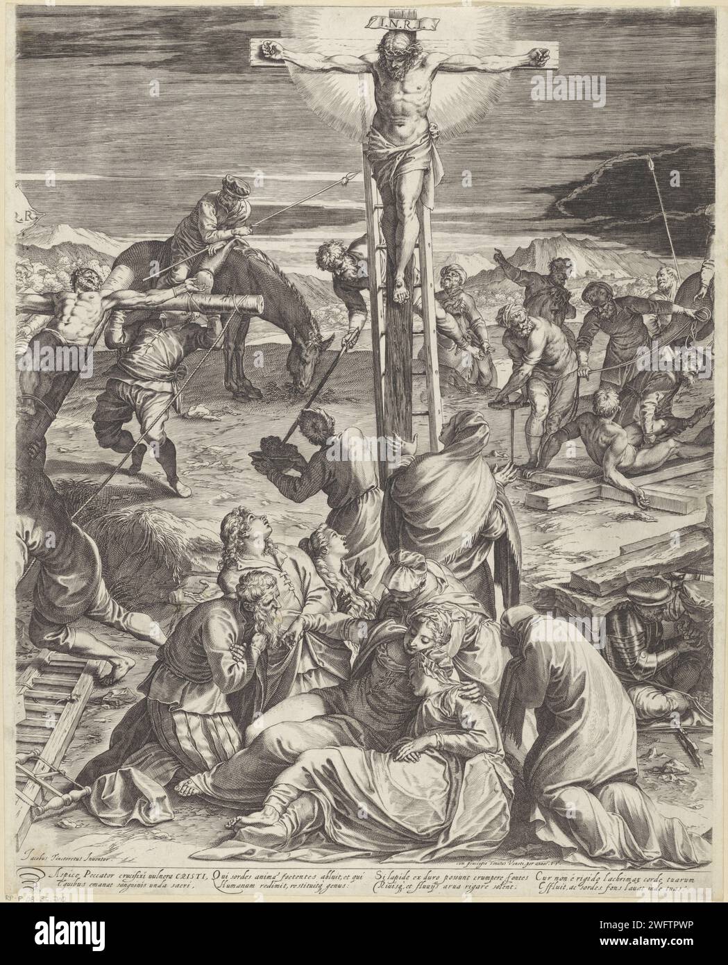 Crocifissione di Cristo (parte centrale), Agostino Carracci, dopo Jacopo Tintoretto, 1589 stampa Croce - uccisione di Cristo su Golgota. Cristo pende sulla croce, i due criminali sono crocifissi a sinistra e a destra di lui. Longino sta per mettere la sua lancia al fianco di Cristo. Un gruppo di uomini a cavallo e asini guarda. Maria e John piangono sotto la croce. Testo in latino in STUDMARGE. Tipografia: Italyafter pittura di: Venicepublisher: VeniceVeniceItaly paper incisione della crocifissione di Cristo: La morte di Cristo sulla croce; Golgotha (Matteo 27:45-58; Marco 15:33-45; Luca 23:44-52; Giovanni 1 Foto Stock