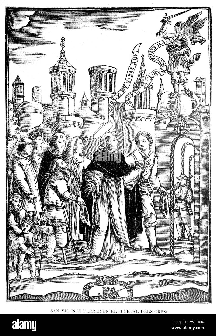 Spagna. Barcellona. Sain Vicente Ferrer in "Portal dels Obrs", 1398. Miracolo con l'apparenza di un angelo. Incisione. Foto Stock