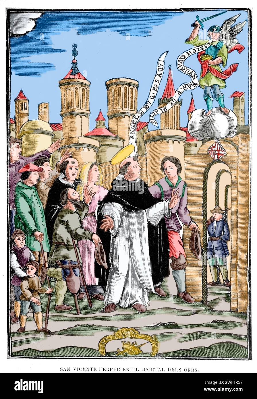 Spagna. Barcellona. Sain Vicente Ferrer in "Portal dels Obrs", 1398. Miracolo con l'apparenza di un angelo. Incisione. Foto Stock