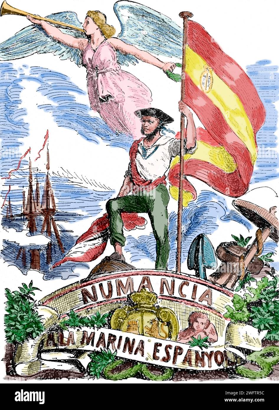 Guerra ispano-sudamericana 1865-1866. Battaglia di Calao, Perú, 1866. Allegoria alla vittoria spagnola con la corazzata Numancia. Incisione. Colore. Foto Stock