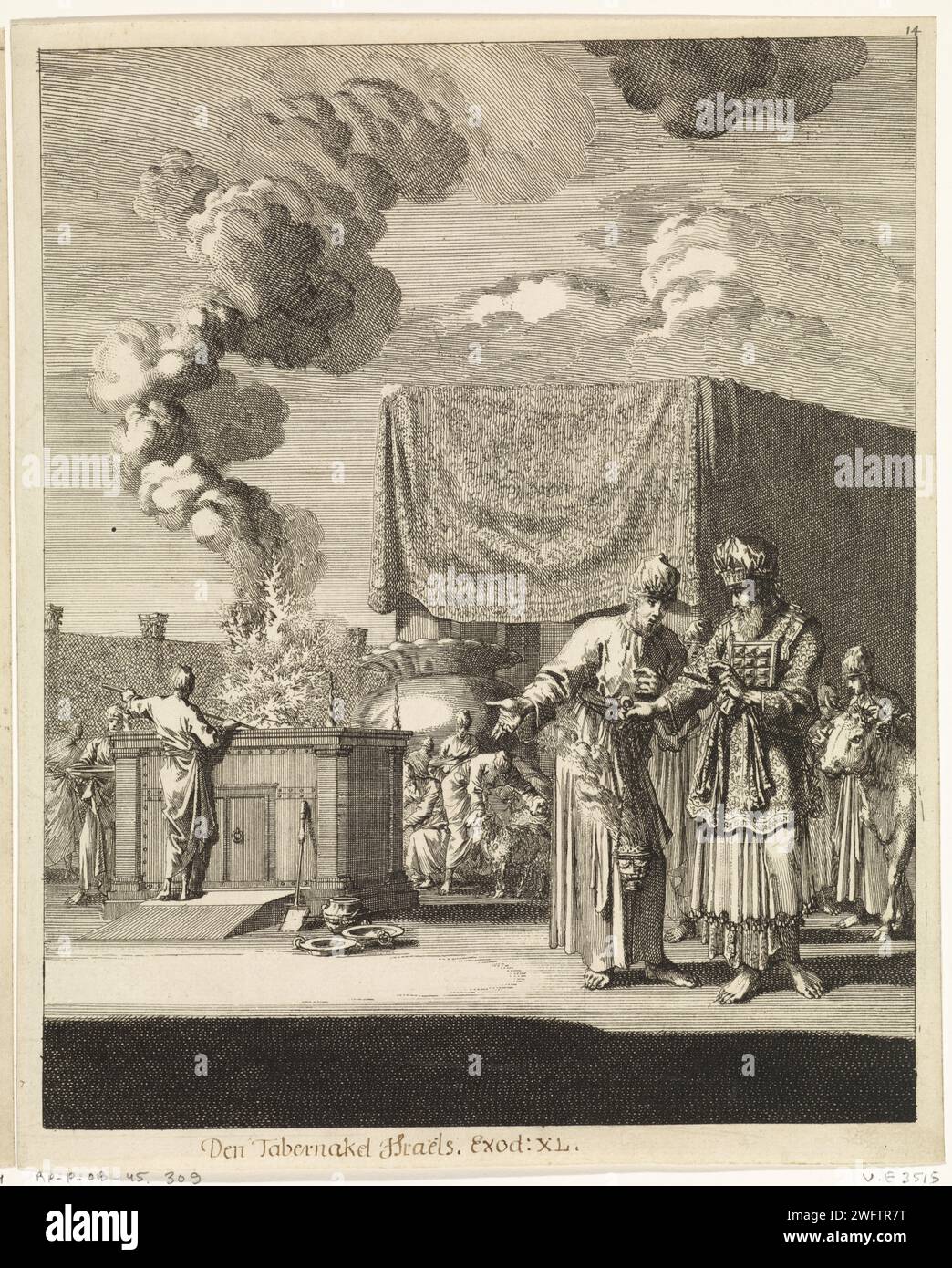 Aaron e sacerdote per il Tabernakel, Jan Luyken, 1708 stampa Amsterdam paper etching tabernaacle, 'mishkan'  Jewish Religion Foto Stock