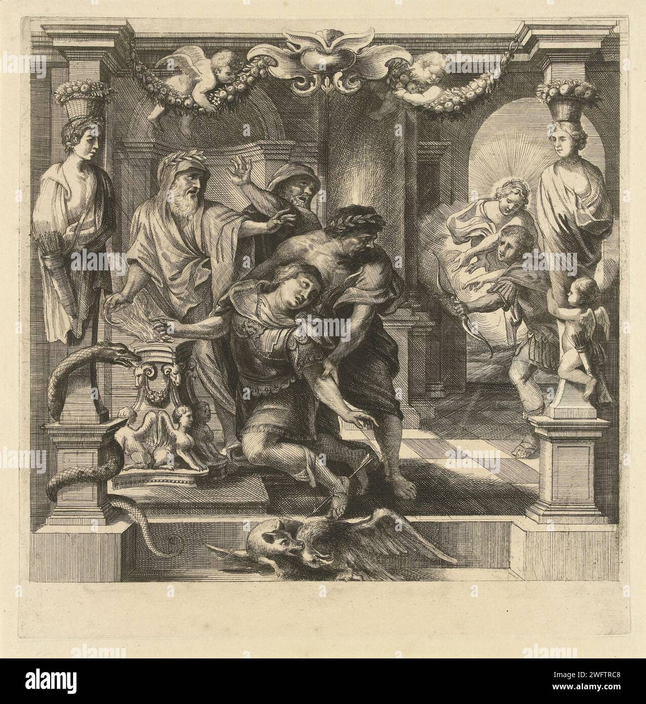 Morte di Achille, Franz Ertinger, dopo Peter Paul Rubens, 1679 stampa Achille viene colpito da una freccia nel suo unico punto debole, il suo piede, mentre porta un sacrificio ad Apollo. Sullo sfondo, Apollo conduce la freccia di Parigi al posto giusto. In primo piano una volpe e un'aquila da combattimento. Anversa incisione di carta (storia di) Achille - morte Foto Stock