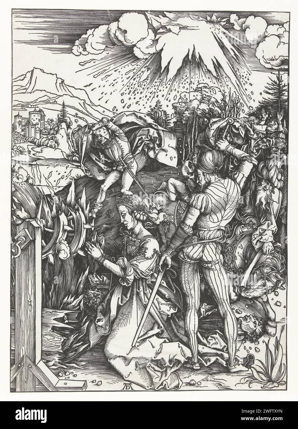 Il martirio di Santa Caterina, Albrecht Dürer, 1496 - 1500 stampa la Santa Caterina inginocchiata alle ruote su cui sarebbe stata giustiziata, che era incredibilmente disabilitata da una pioggia dal cielo. Accanto a lei, un soldato tira la sua spada. Norimberga carta la ruota di St. Caterina d'Alessandria viene distrutta da un fulmine dal cielo, o da angeli con una spada Foto Stock