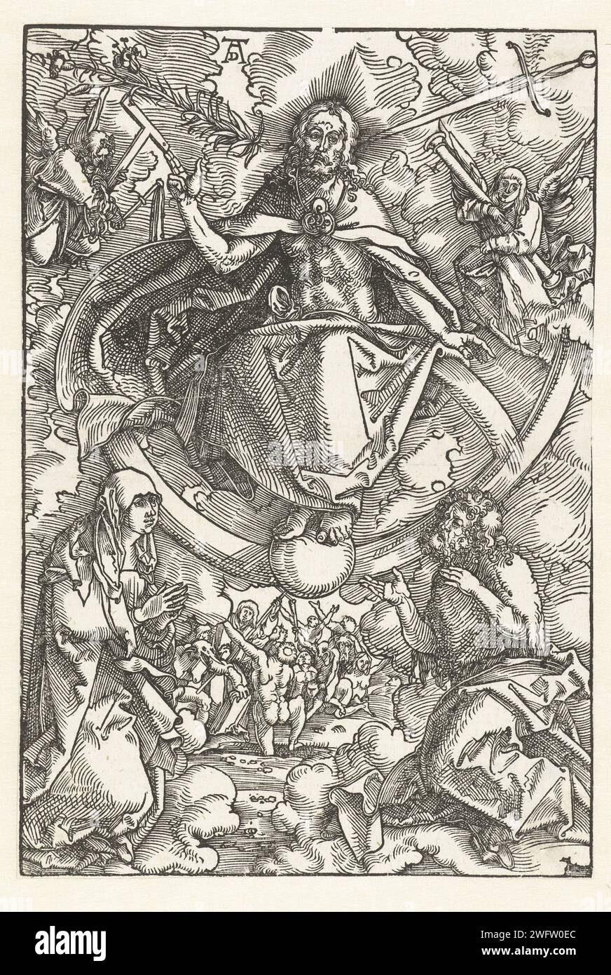 Giudizio universale con Cristo come giudice su Regenboog, Hans Baldung Grien, 1505 - 1507 stampa Cristo siede sull'arcobaleno come giudice, i suoi piedi poggiano sul globo. Fa un gesto ed è circondato dalla passione della quale alcuni sono indossati da due angeli. In basso a sinistra, Maria si inginocchia in preghiera mentre guarda in alto, Giovanni si inginocchia in basso a destra. Tra le nuvole che li circondano, il regno dei morti è visibile con i morti che sorgono e i demoni sorgono dalla loro tomba. La carta di Norimberga Maria e Giovanni Battista insieme (ad esempio inginocchiarsi prima) al giudice Cristo, 'Deesis'  la Foto Stock