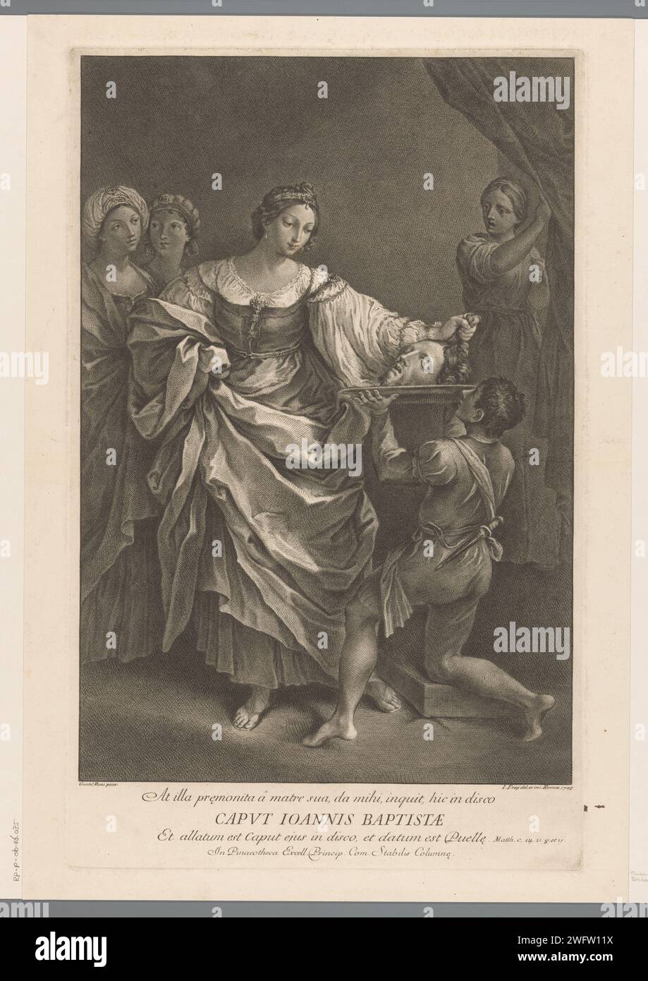 Salome con la testa di Giovanni Battista, Jakob Frey (i), dopo Guido reni, 1745 stampa con didascalia in latino. L'incisione su carta di Roma Salome è affidata al carnefice la testa di Giovanni Battista Foto Stock