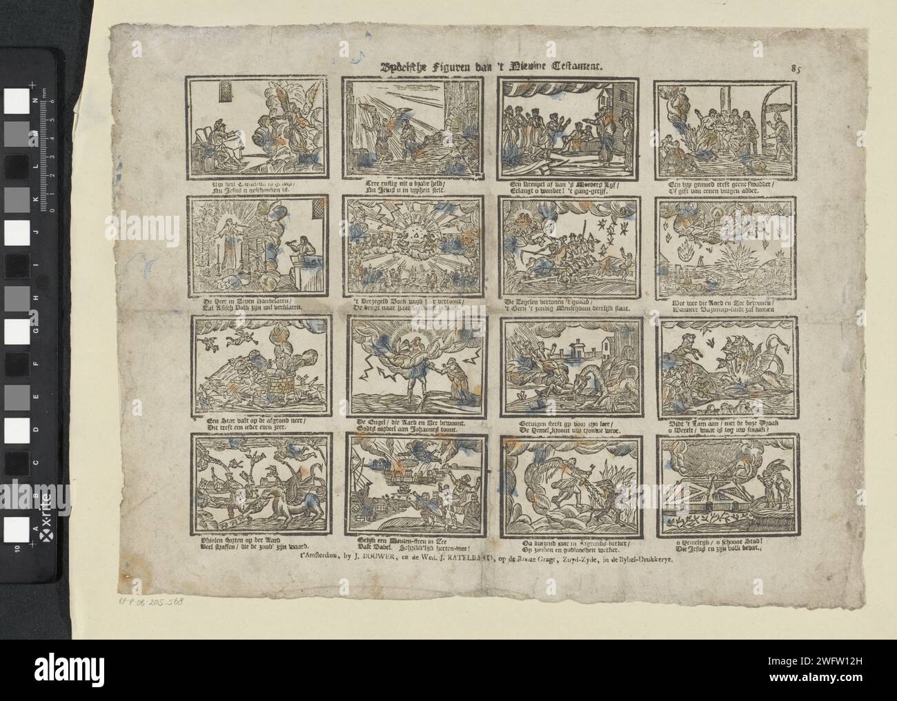 Bybelsche figure del nuovo Testamento, c. 1782 - c. 1793 stampa Leaf con 16 esecuzioni di storie del nuovo Testamento. Sotto ogni immagine un verso bidirezionale. Numerato in alto a destra: 85. Editore: Amsterdamprint Maker: Stampa tipografica su carta olandese New Testament Foto Stock