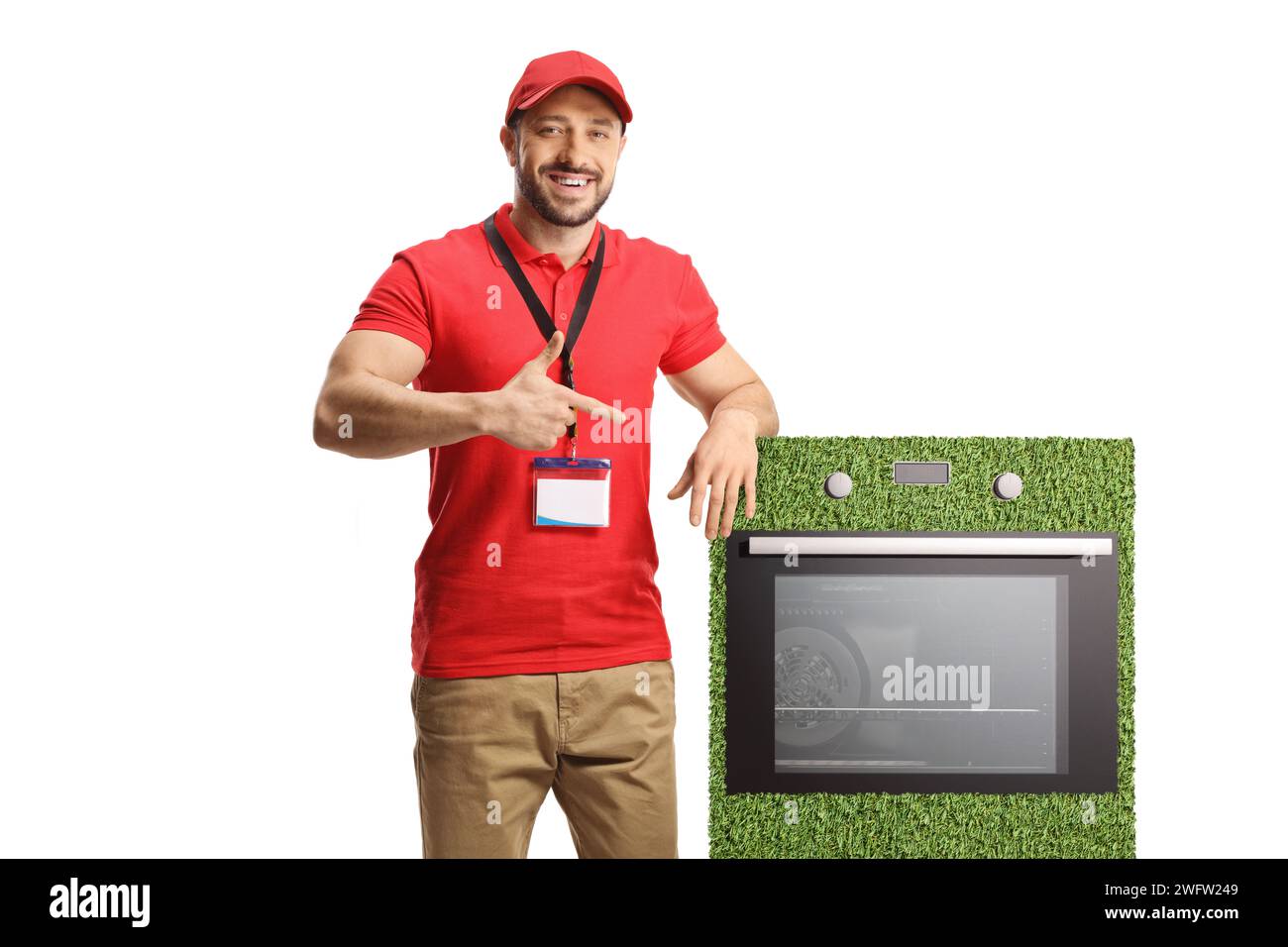 Addetto alle vendite che punta alla stufa ecologica a basso consumo energetico isolata su sfondo bianco Foto Stock