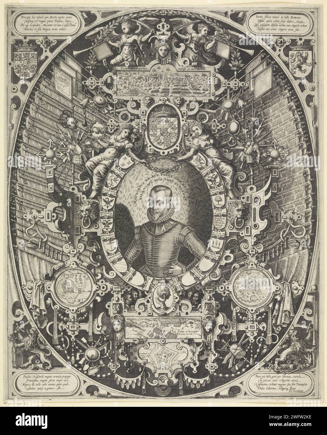 Ritratto di Maurizio, Principe d'Orange, Anonimo, 1600 - 1602 stampa Ritratto di Maurizio in un ovale formato da armi di luoghi conquistati. Eendracht e prudenza tengono una corona di alloro sopra la sua testa. In cinque piccole scene le conquiste di Geertruidenberg (1593), Groningen (1594), Turnhout (1597), Sint-Andries (1600) e Nieuwpoort (1600). Inoltre, il roll work, i trofei d'arma e gli striscioni spagnoli. In basso a sinistra e a destra la Hollandse Leeuw con un fascio di frecce a sinistra e una spada e una lancia con un cappello per la libertà a destra. Anche le armi del principe e degli Stati generali. FO Foto Stock