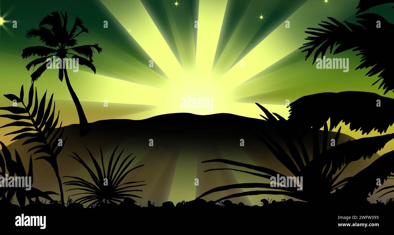 L'immagine cattura un tranquillo tramonto tropicale con palme, offrendo una scena tranquilla. Foto Stock