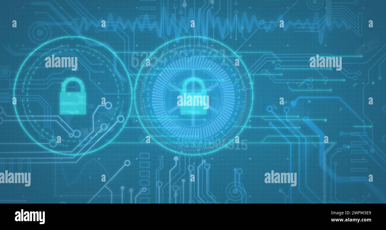 Immagine delle icone dei lucchetti e della scheda a circuito stampato del computer per l'elaborazione dei dati Foto Stock