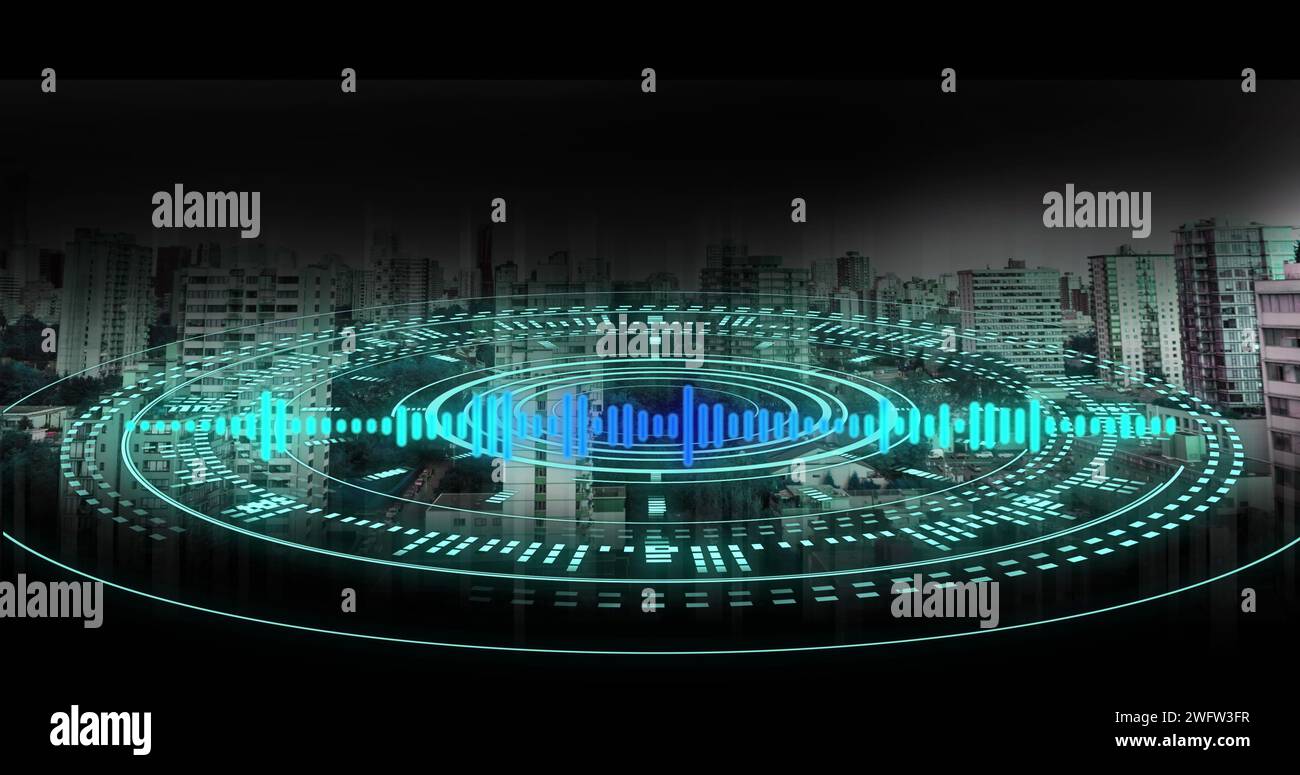 Un futuristico paesaggio urbano si illumina di luci al neon, raffigurando un'avanzata pianificazione urbana Foto Stock