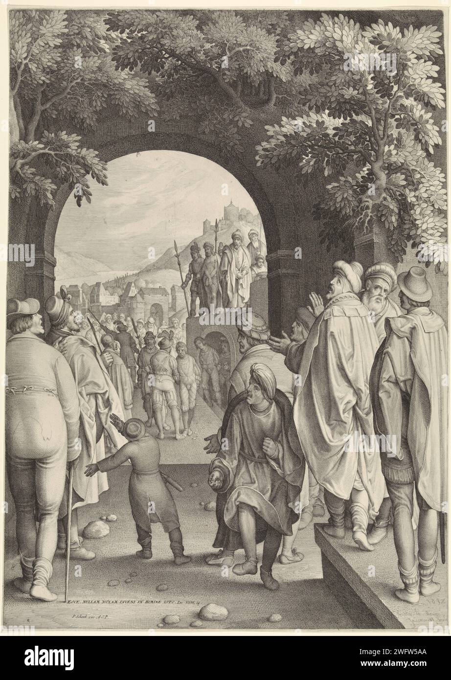 Ecce Homo, Nicolaes de Bruyn, 1670 - 1711 stampa su una terrazza, Ponzio Pilato mostra il Cristo indovinato al popolo ebraico. Sotto il Verhoog, un soldato porta fuori Barabba. Pilato chiede alla folla chi deve essere rilasciato: Barabba o Cristo. Tipografia: Rotterdam editore: Amsterdam paper Engraving Pilate showing Christ to the People, 'Ostentatio Christi', 'Ecce Homo' (Giovanni 19:4-6). Scelta tra Cristo e Barabba Foto Stock