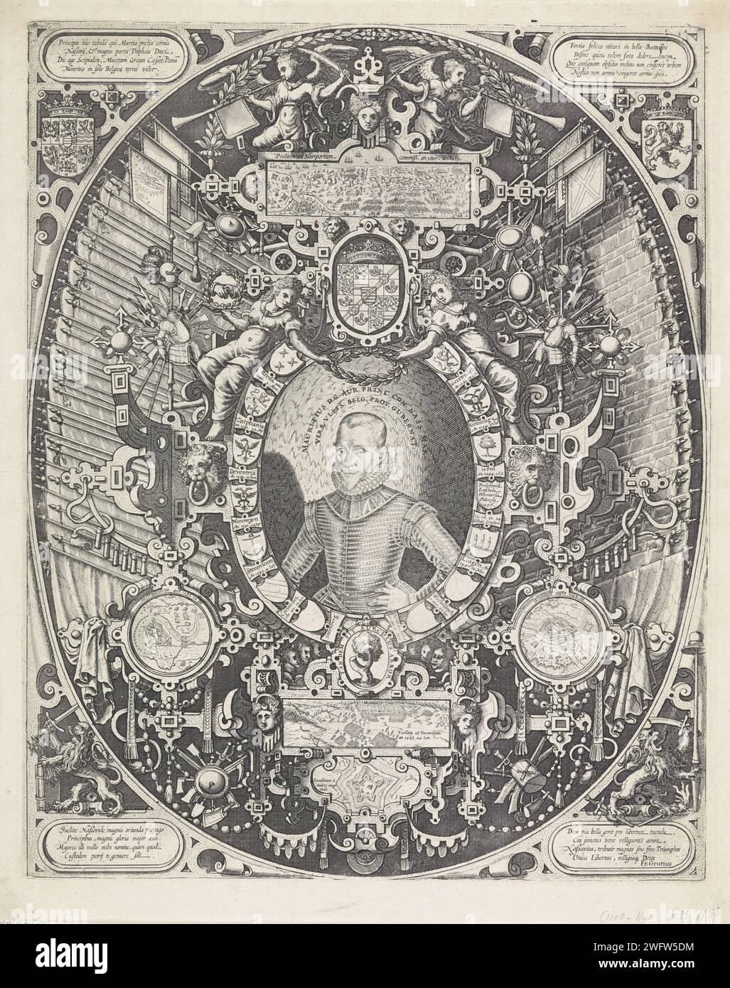 Ritratto di Maurizio, Principe d'Orange, Anonimo, 1600 - 1602 stampa Ritratto di Maurizio in un ovale formato da armi di luoghi conquistati. Eendracht e prudenza tengono una corona di alloro sopra la sua testa. In cinque piccole scene le conquiste di Geertruidenberg (1593), Groningen (1594), Turnhout (1597), Sint-Andries (1600) e Nieuwpoort (1600). Inoltre, il roll work, i trofei d'arma e gli striscioni spagnoli. In basso a sinistra e a destra la Hollandse Leeuw con un fascio di frecce a sinistra e una spada e una lancia con un cappello per la libertà a destra. Anche le armi del principe e degli Stati generali. FO Foto Stock