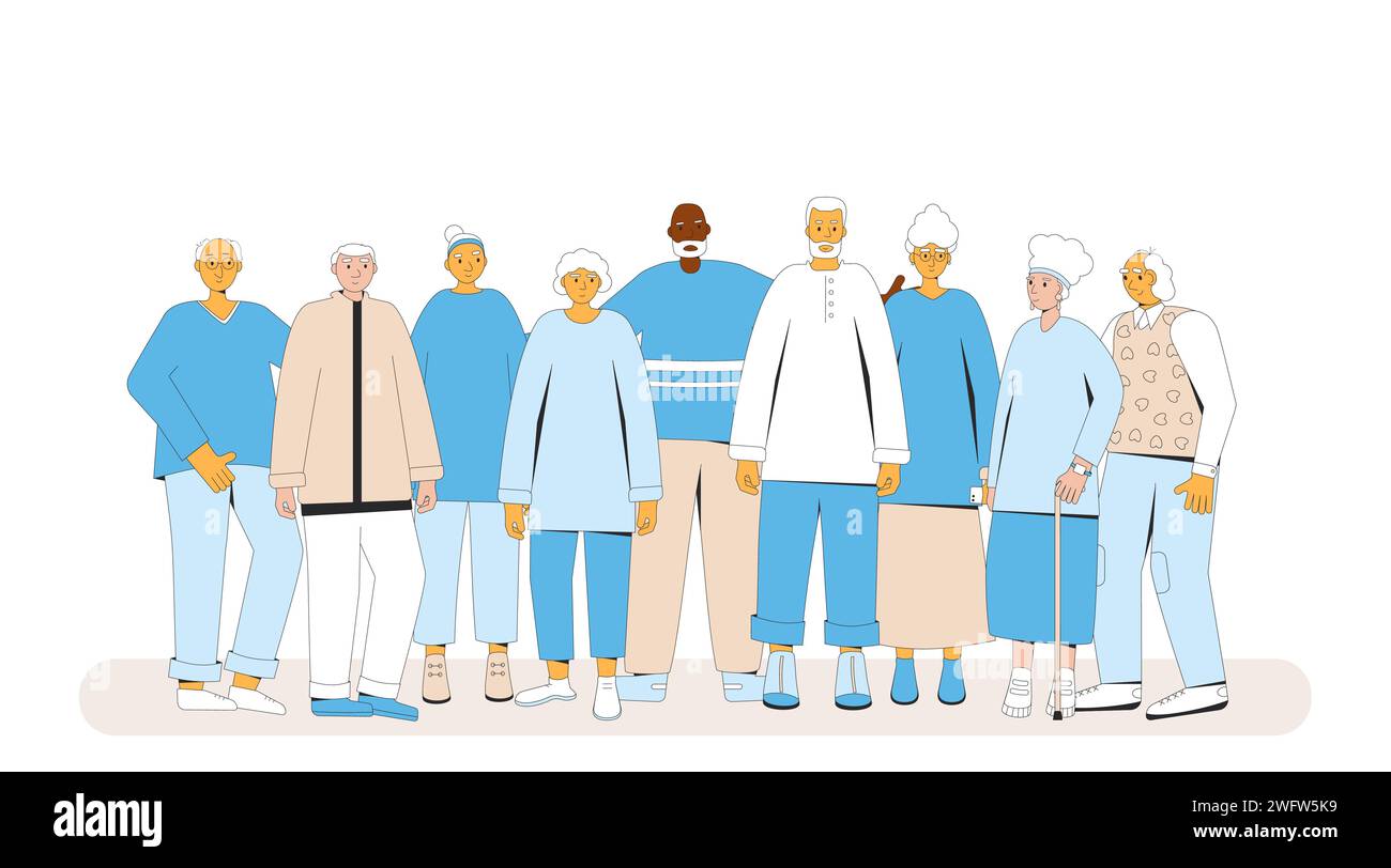 Gruppo di anziani isolati su sfondo bianco. Amici anziani in piedi insieme. anziani adulti uomini e donne. Personaggi ritirati. Illustr. Vettoriale Illustrazione Vettoriale