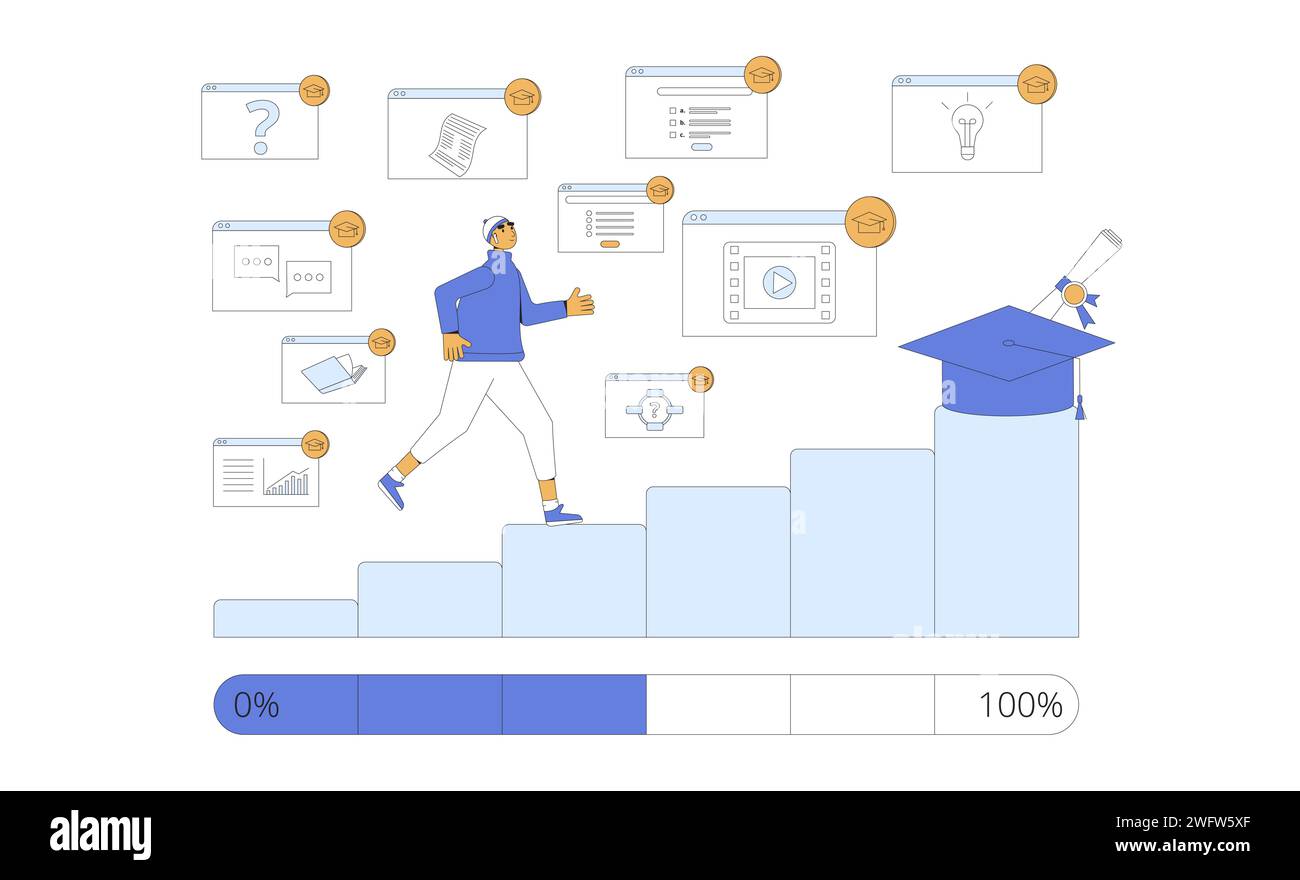 Gamification nel progresso dell'apprendimento. Studente che corre in cima alla scala per il suo diploma. Coinvolgimento e motivazione nell'istruzione. Illustrazione vettoriale. Illustrazione Vettoriale