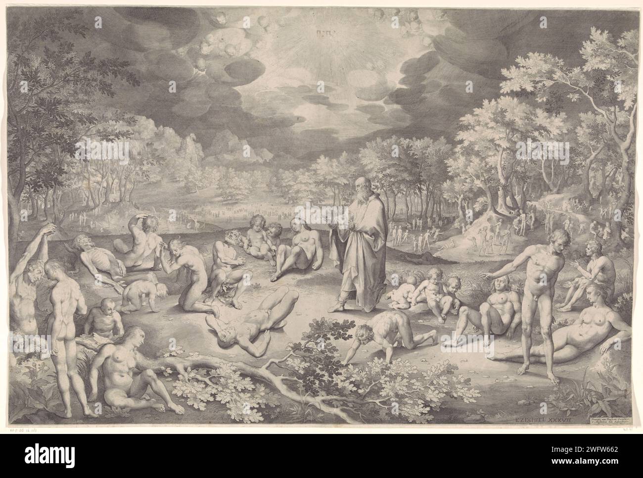 Visioen van Ezekiel sopra la valle delle ossa, Nicolaes de Bruyn, 1648 - 1665 stampa Ezekiel prophesies in una valle di ossa (Ez. 37). Inizia a parlare e intorno a lui le ossa tornano in vita. La carne e la pelle ci ricrescono. In cima all'aria il tetragramma e il coro degli angeli. Tipografia: Antwerppublisher: Amsterdam cartaceo incisione la visione di Ezekiel della valle delle ossa secche (Ezekiel 37:1-10). Tetragramma (in alfabeto romano o ebraico)  simbolo di Dio padre (+ angelo(i)) Foto Stock
