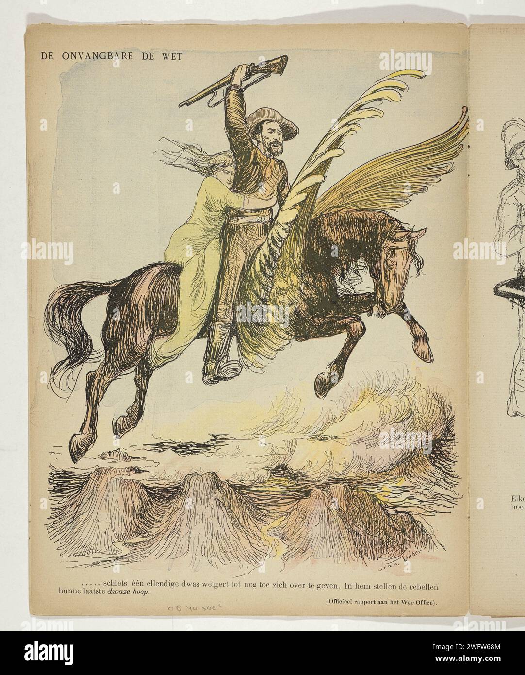 Christiaan the Law and HIM-LED Woman (la speranza dei contadini) su cavallo alato, Anonymous, Jean Veber, 1901 stampa fotomeccanica Stampa fa parte di una rivista con cartoni animati sulla seconda guerra boera. Con didascalia a tre facce: ..... Schlets un miserabile swas si rifiuta di arrendersi finora. In lui i ribelli hanno messo la loro ultima stupida speranza. (Rapporto ufficiale al War Office). Stampante: Parispublisher: Amsterdam carta stampa letterpress caricature politiche e satire. animali favolosi  animali a zoccolo: cavallo alato. Speranza; "speranza", "speranza delle fatiche" (Ripa) Foto Stock